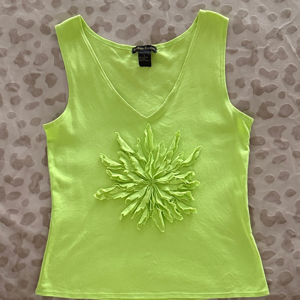 Sydney Easton Neon Lime V-Neck Sleeveless Top with Floral Applique